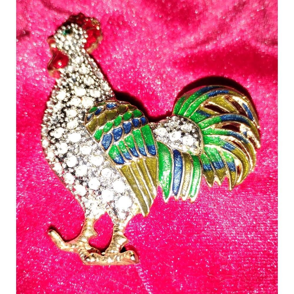 Vintage Rhinestone Enamel Rooster Brooch Gold Tone Multicolor Bird Pin 2”